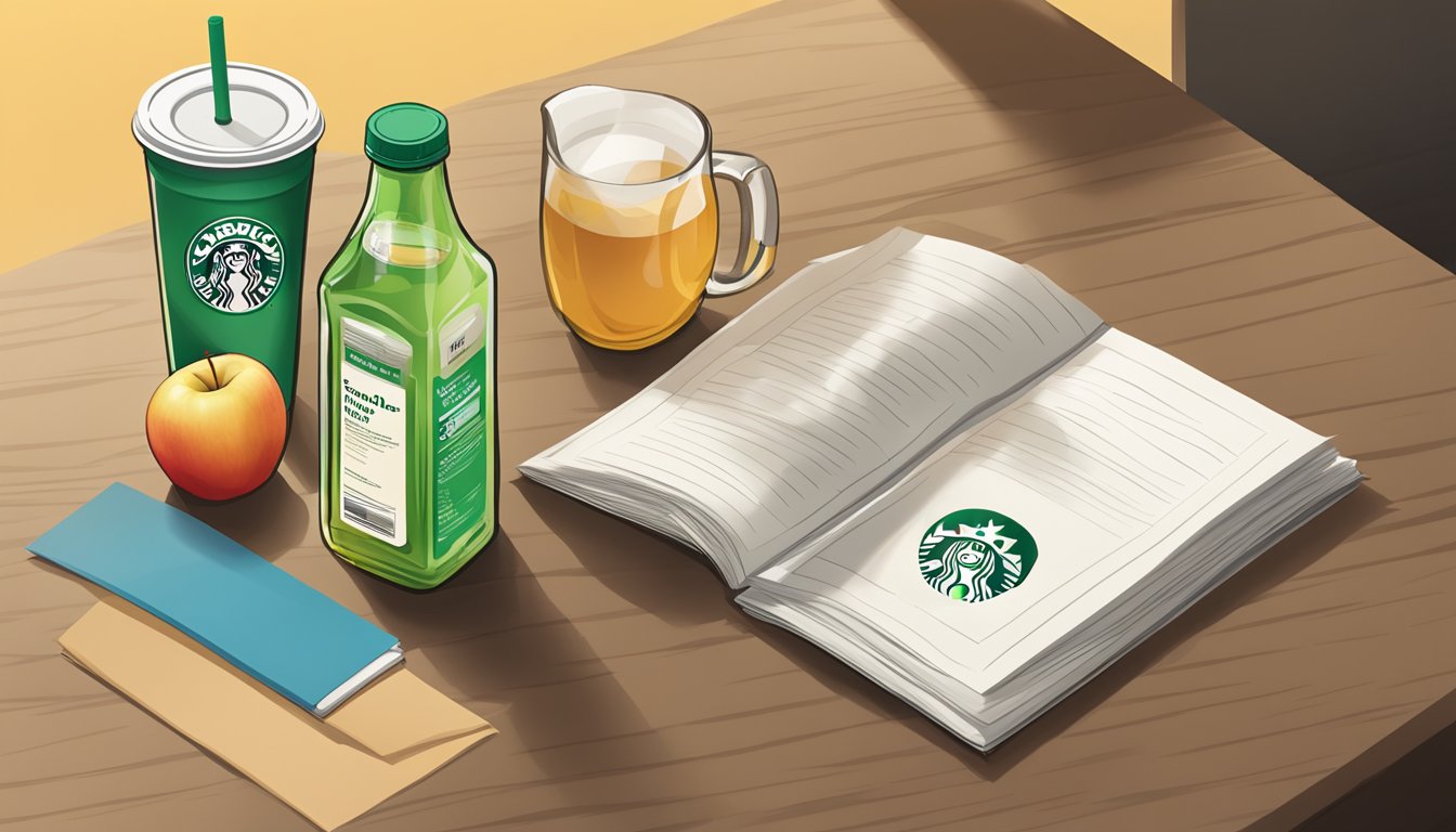 A bottle of apple juice with the Starbucks logo sits on a table, surrounded by a stack of FAQ papers