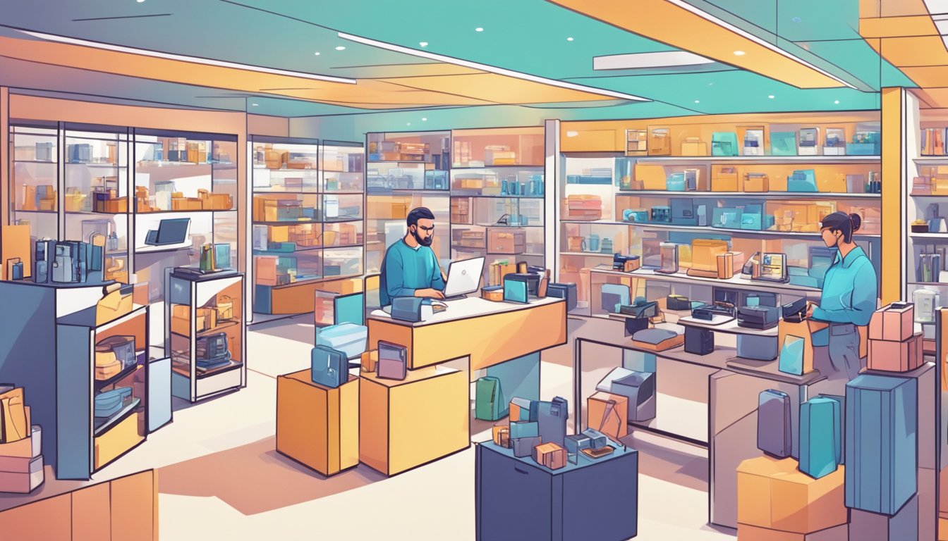 A person unboxing a new wireless earpiece, surrounded by various electronic devices and accessories, with a bright and modern store interior in the background