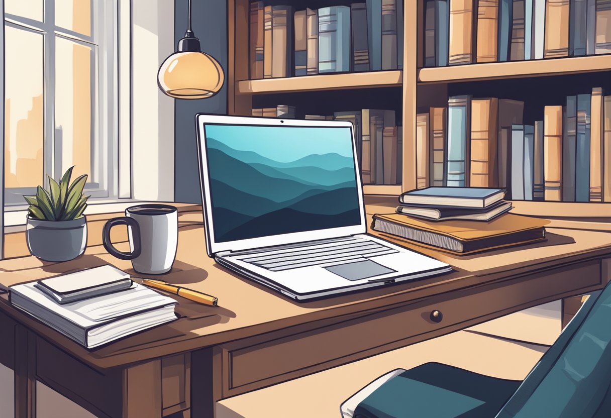 A desk with a laptop, notebook, and pen. A stack of self-publishing books and a cup of coffee. A cozy, well-lit room with a window and bookshelves in the background