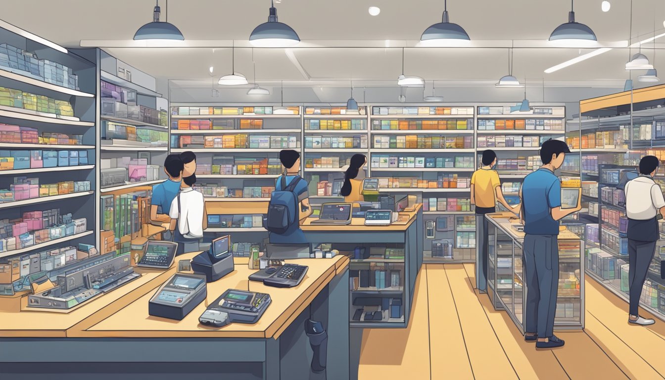 A bustling electronic store in Singapore, with shelves lined with various wireless earpieces. Customers browsing and asking staff for recommendations