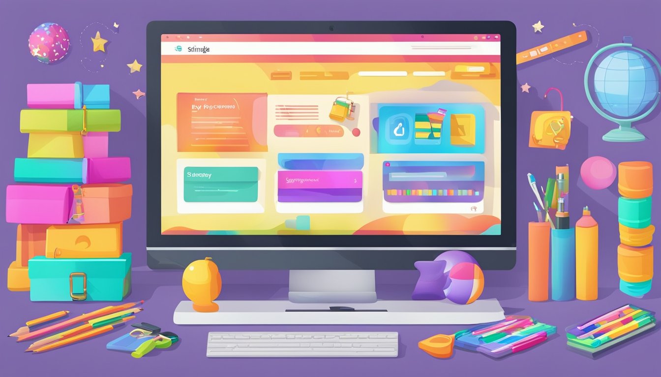 A computer screen displaying a colorful website with the words "buy smiggle online" and various stationery products