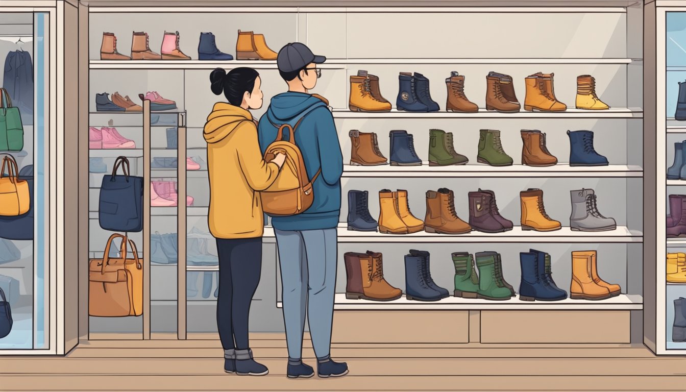 A cozy store in Singapore sells snow boots. Shelves display various styles and sizes. A salesperson assists a customer trying on a pair