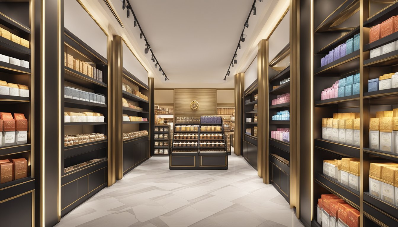 A luxurious display of Van Houten Napolitains in a high-end store in Singapore, showcasing the legacy and quality of the brand