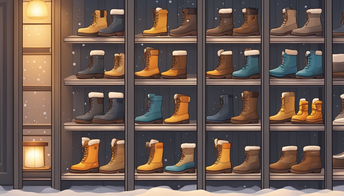 Snow boots displayed on shelves in a cozy shop, with warm lighting and a variety of styles and sizes