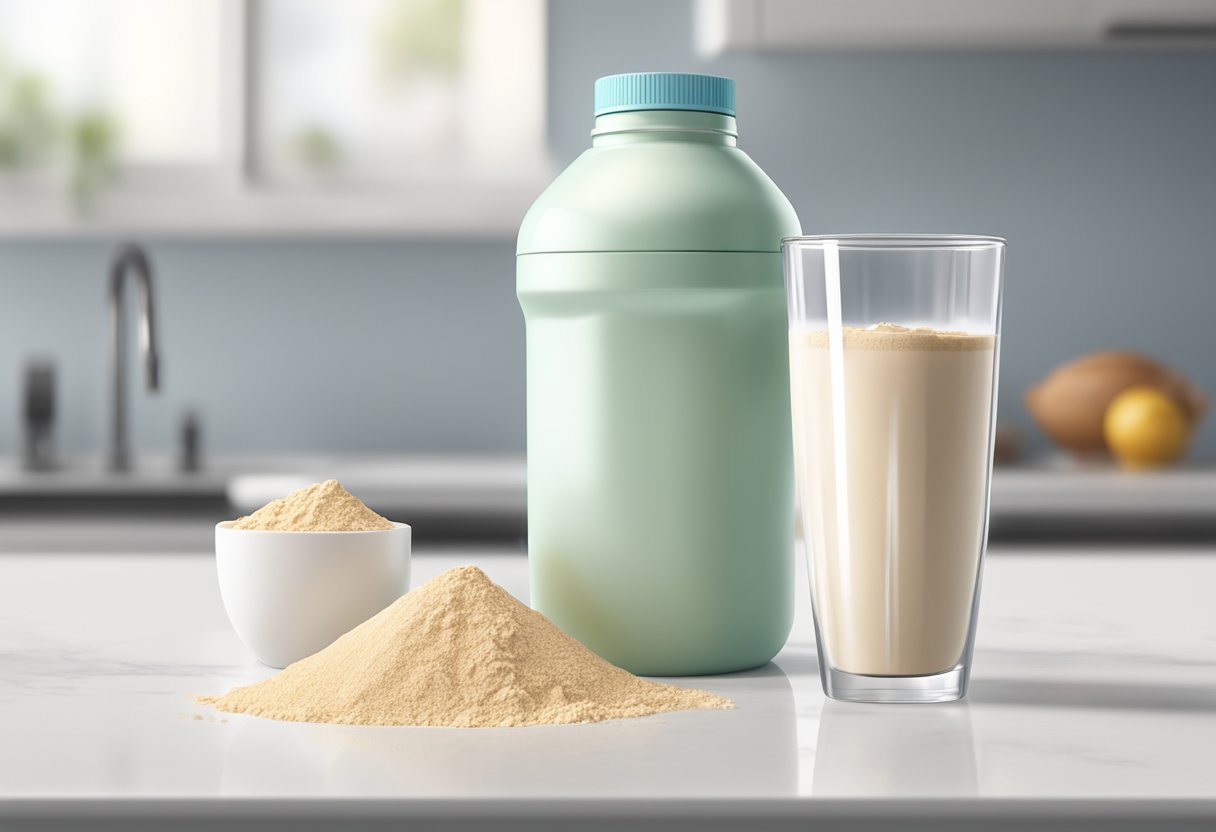 A scoop of protein powder sits on a clean, white countertop next to a shaker bottle and a glass of water