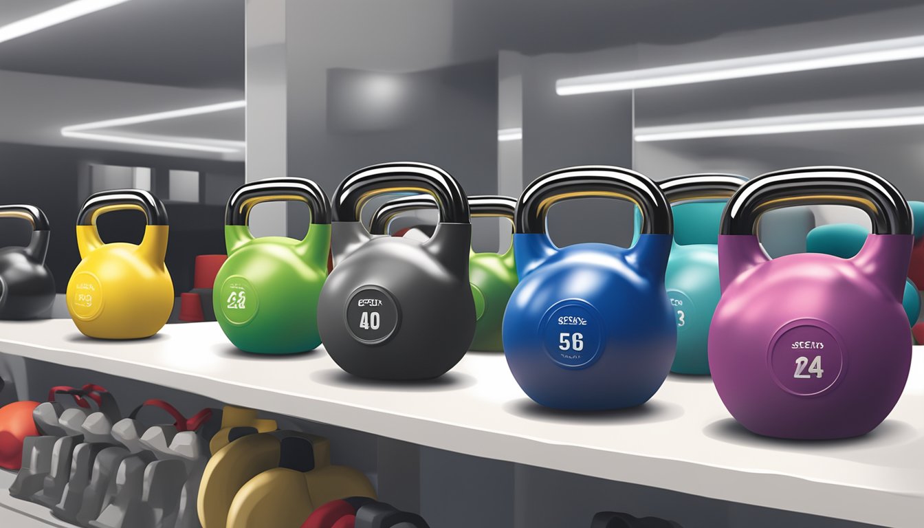 A kettlebell sits on a clean, well-lit shelf in a fitness equipment store in Singapore