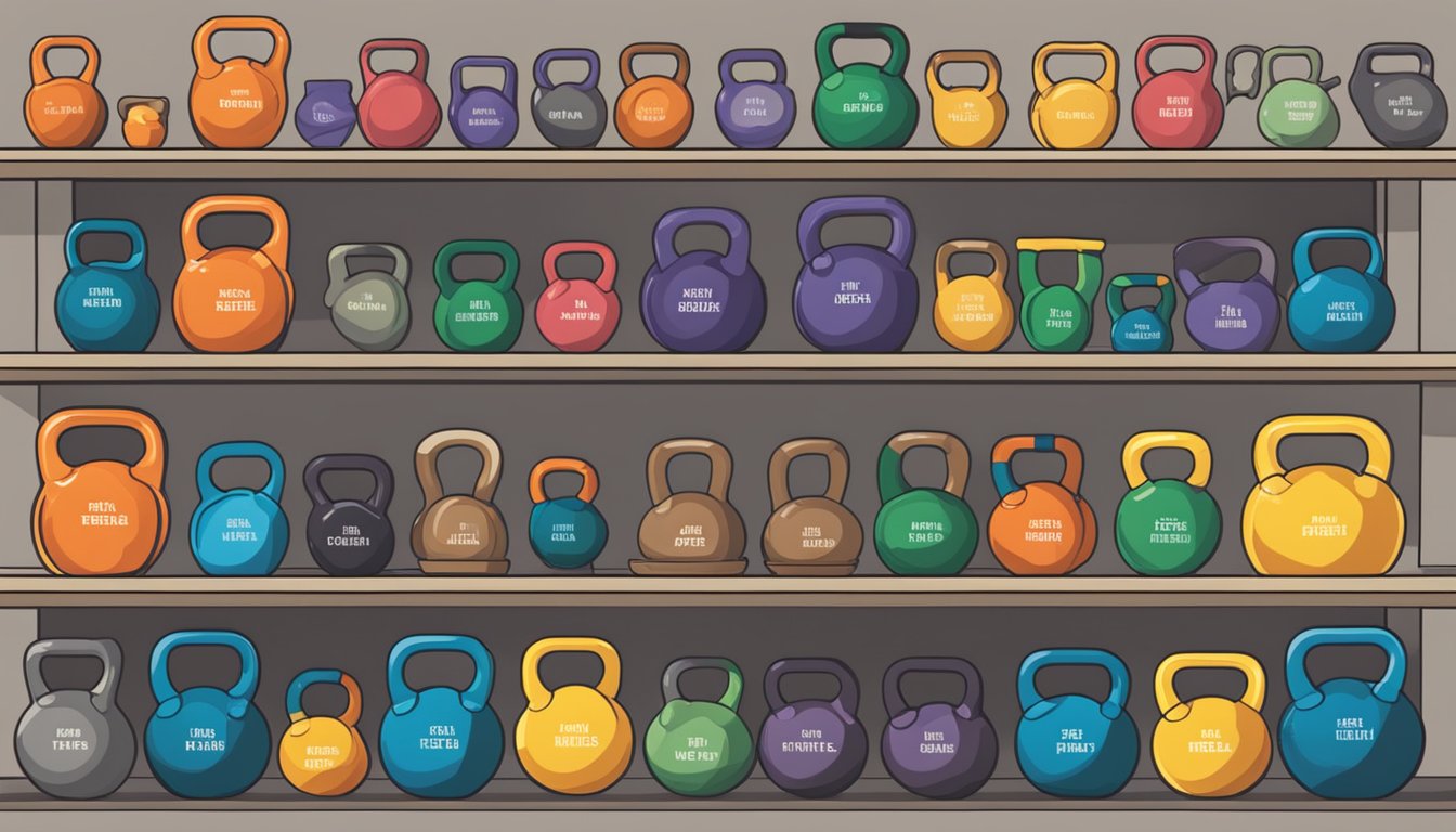 A hand reaches for a kettlebell on a store shelf, surrounded by various weights and fitness equipment. The kettlebell is labeled "Choosing the Right Kettlebell" in bold letters
