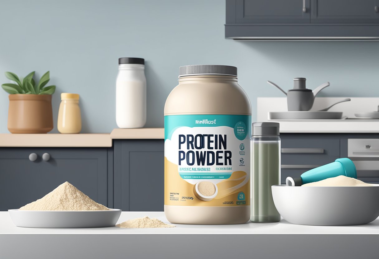 A jar of protein powder sits on a kitchen counter next to a shaker bottle