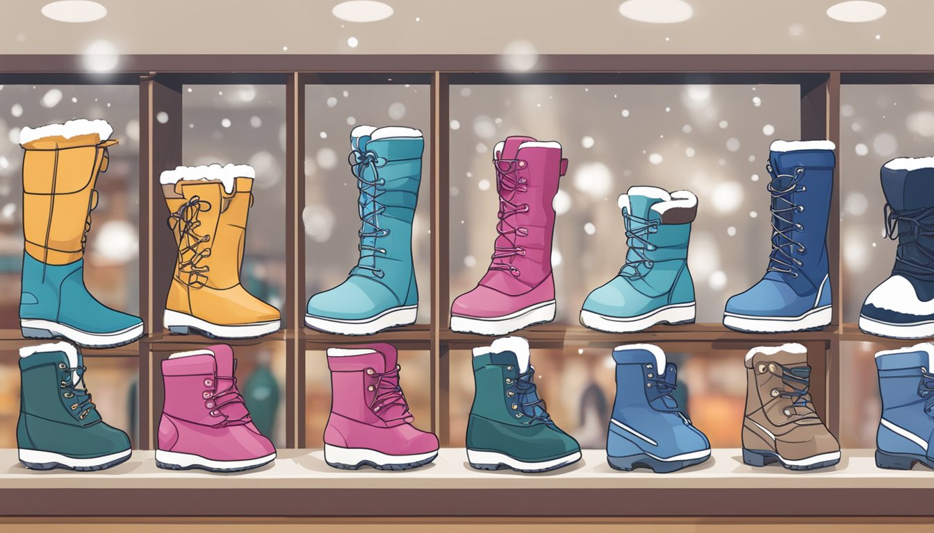 A display of snow boots in a Singapore store, with a sign reading "Frequently Asked Questions: Where to buy snow boots in Singapore."