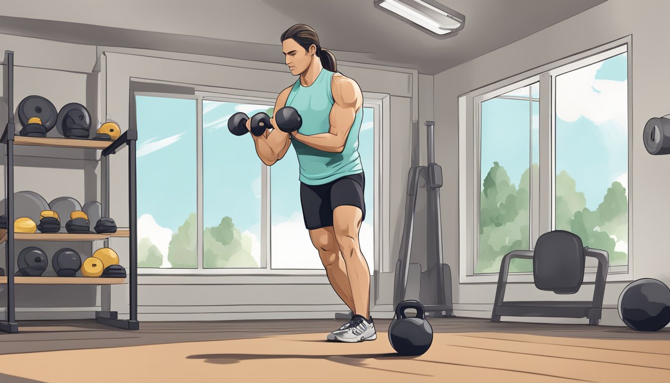 A person is swinging a kettlebell with proper form and technique, focusing on maximizing their workout. The background shows a gym or home workout space with other fitness equipment