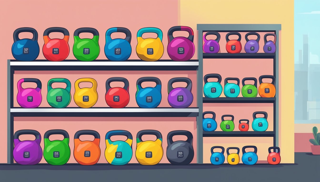 A stack of colorful kettlebells arranged neatly on a display shelf, with a sign reading "Frequently Asked Questions buy kettlebell singapore" nearby