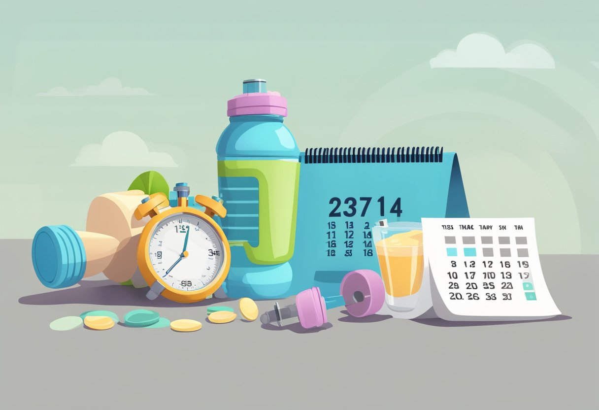 A protein shake bottle sits next to a stopwatch and a calendar, symbolizing the timing and effectiveness of protein intake