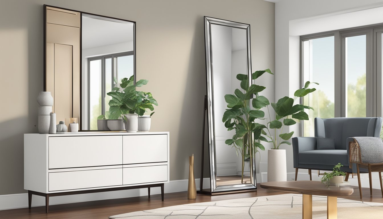A standing mirror in a modern home, reflecting the room's decor and furniture. A FAQ list about the mirror's features and benefits is displayed nearby