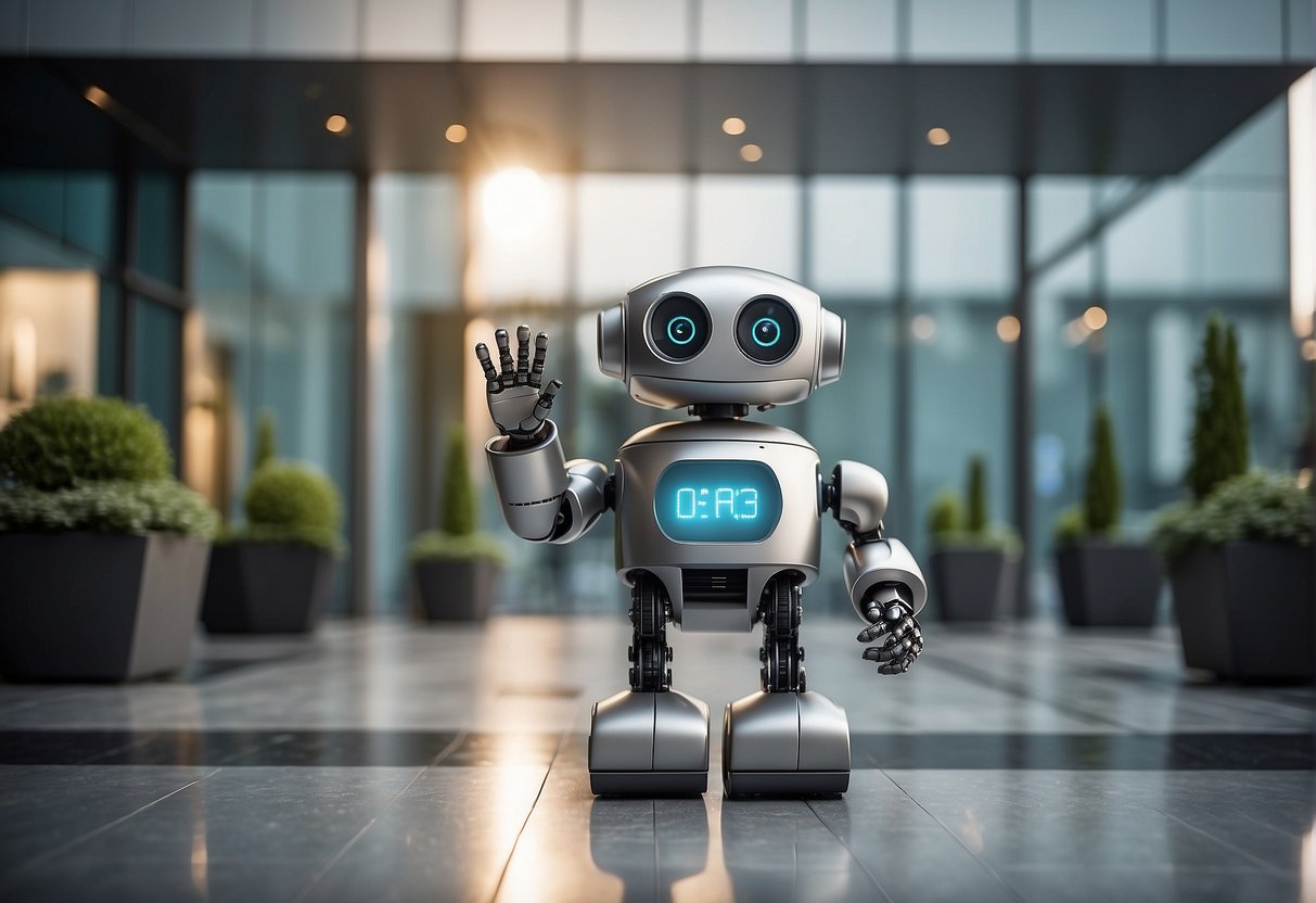 Um robô amigável com rosto sorridente e braços abertos cumprimenta os visitantes na entrada de um edifício moderno