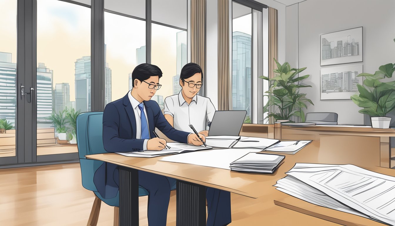 A person signing a legal document at a real estate office in Singapore