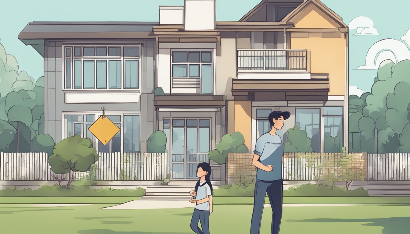 A young person holding a key in front of a house, with a sign stating "Minimum age to purchase property in Singapore: 21 years old."