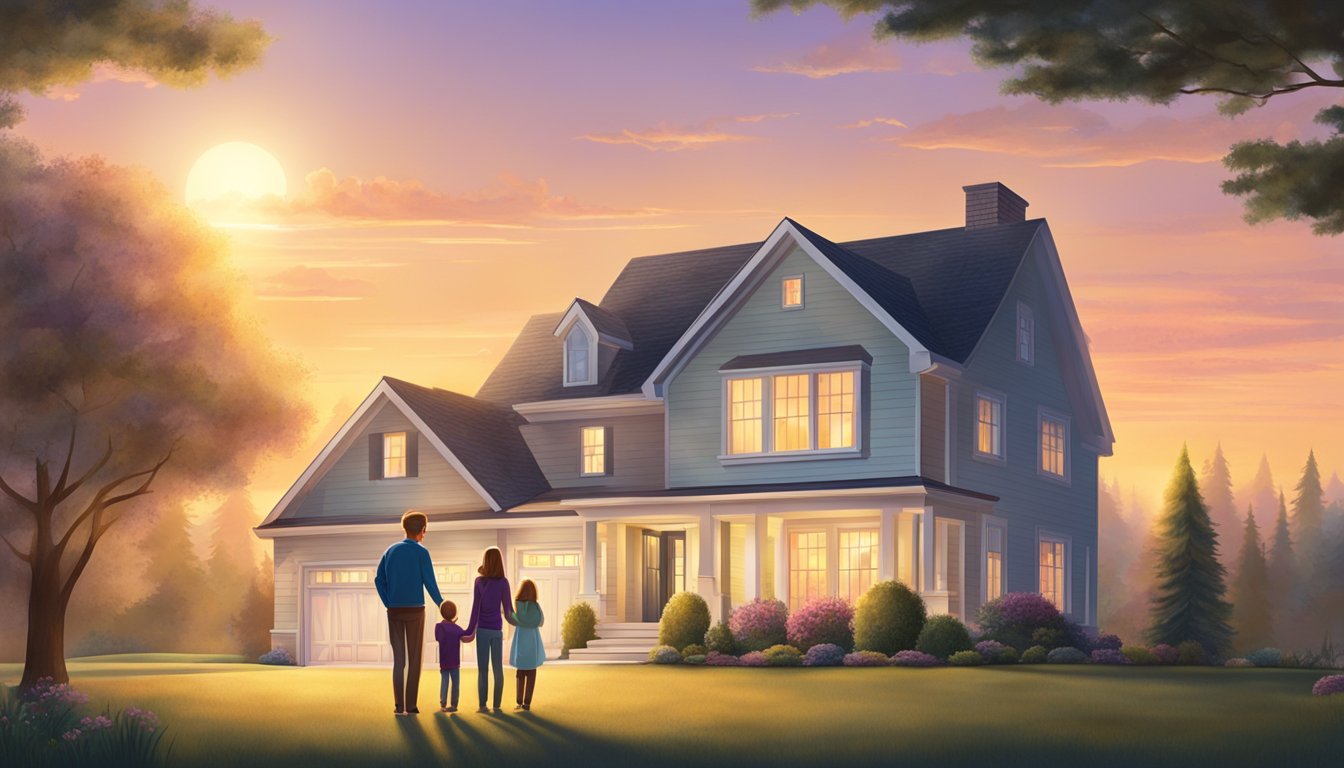 A family stands in front of their dream home, with a "Sold" sign on the front lawn. The sun is setting, casting a warm glow on the house and surrounding landscape