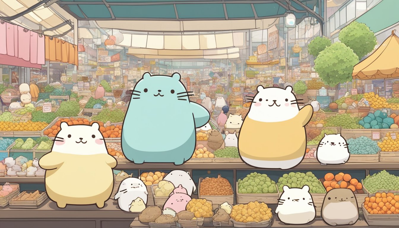 Sumikko Gurashi characters in a bright, bustling Singaporean market, surrounded by colorful stalls and eager shoppers