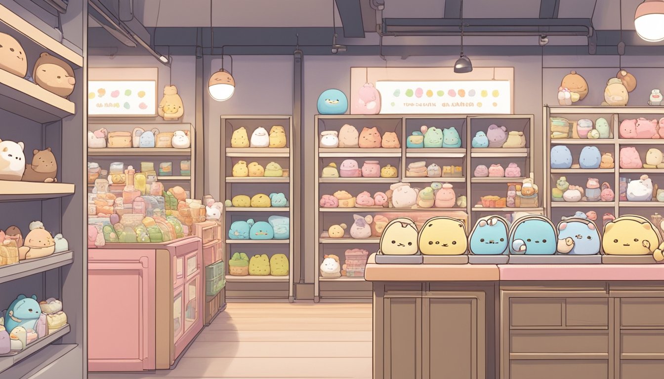 A cozy corner of a Singaporean store, shelves lined with cute Sumikko Gurashi plushies and merchandise. Bright lights and colorful displays invite customers to explore and find their favorite characters
