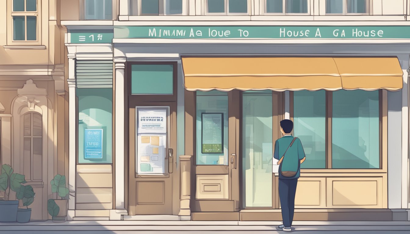 A young person stands in front of a real estate office, holding a brochure and looking at a sign that reads "Minimum age to purchase a house in Singapore."