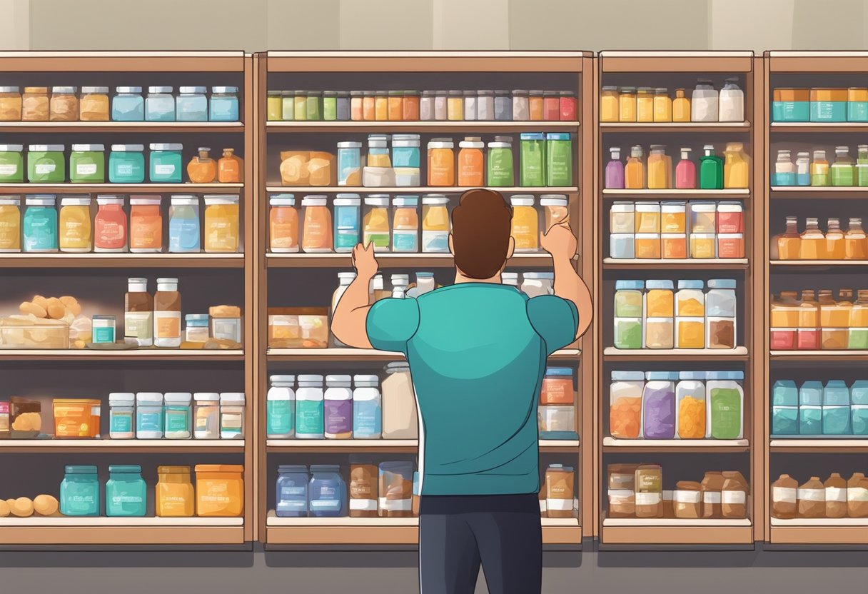 A variety of protein sources displayed on shelves with labels. A person reaching for a container. Bright lighting and clean, organized surroundings