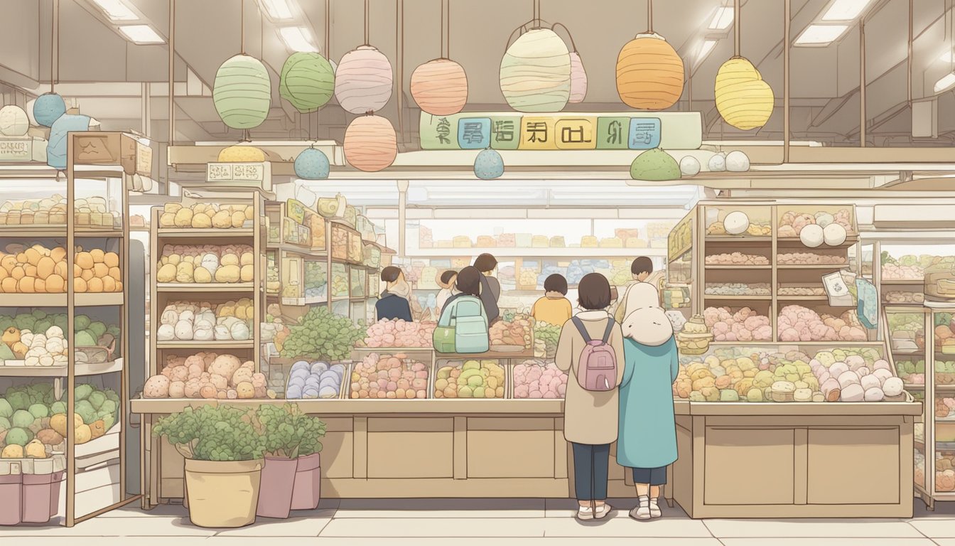 A crowded Singaporean market stall displays Sumikko Gurashi merchandise, with a sign reading "Frequently Asked Questions: where to buy."