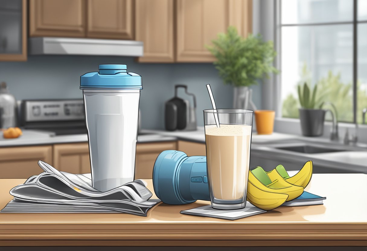 A protein shake on a clean kitchen counter next to a stack of fitness magazines and a pair of running shoes