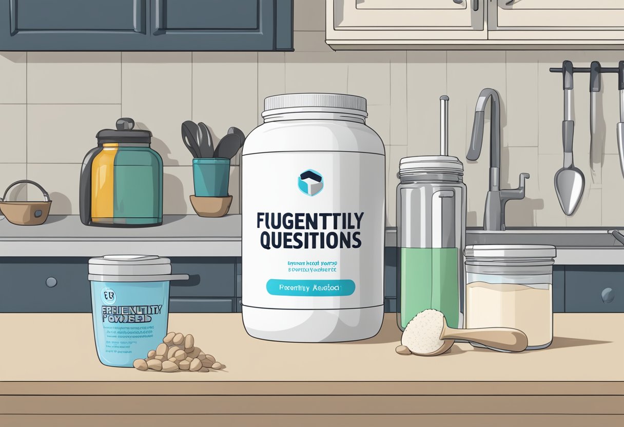 A protein powder jar sits on a kitchen counter next to a shaker bottle and a scoop, with the words "Frequently Asked Questions いつ プロテイン" displayed prominently on the label