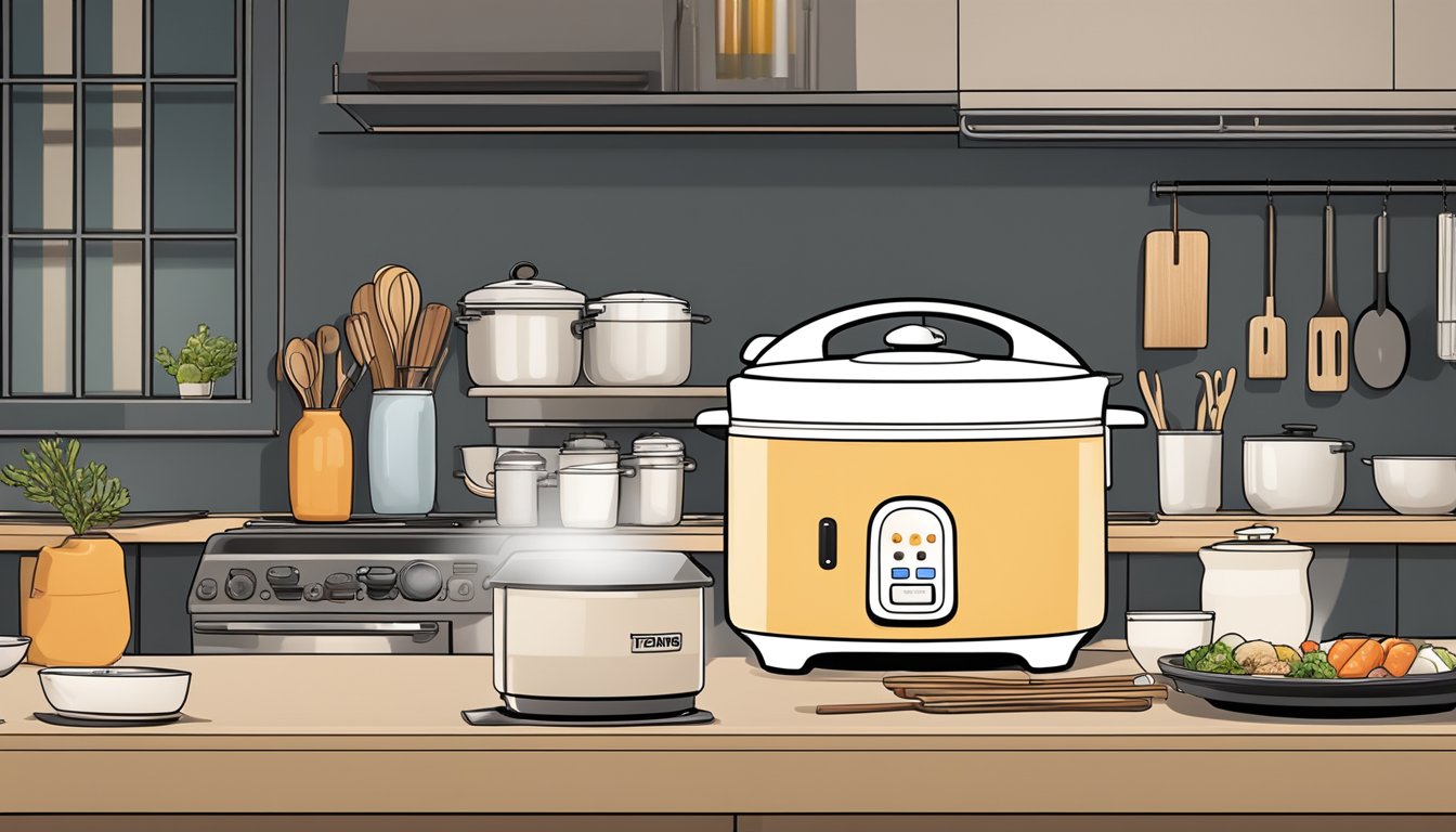 A Tatung rice cooker sits on a kitchen countertop, surrounded by various cooking utensils and ingredients. The soft glow of the overhead lights highlights its sleek and modern design
