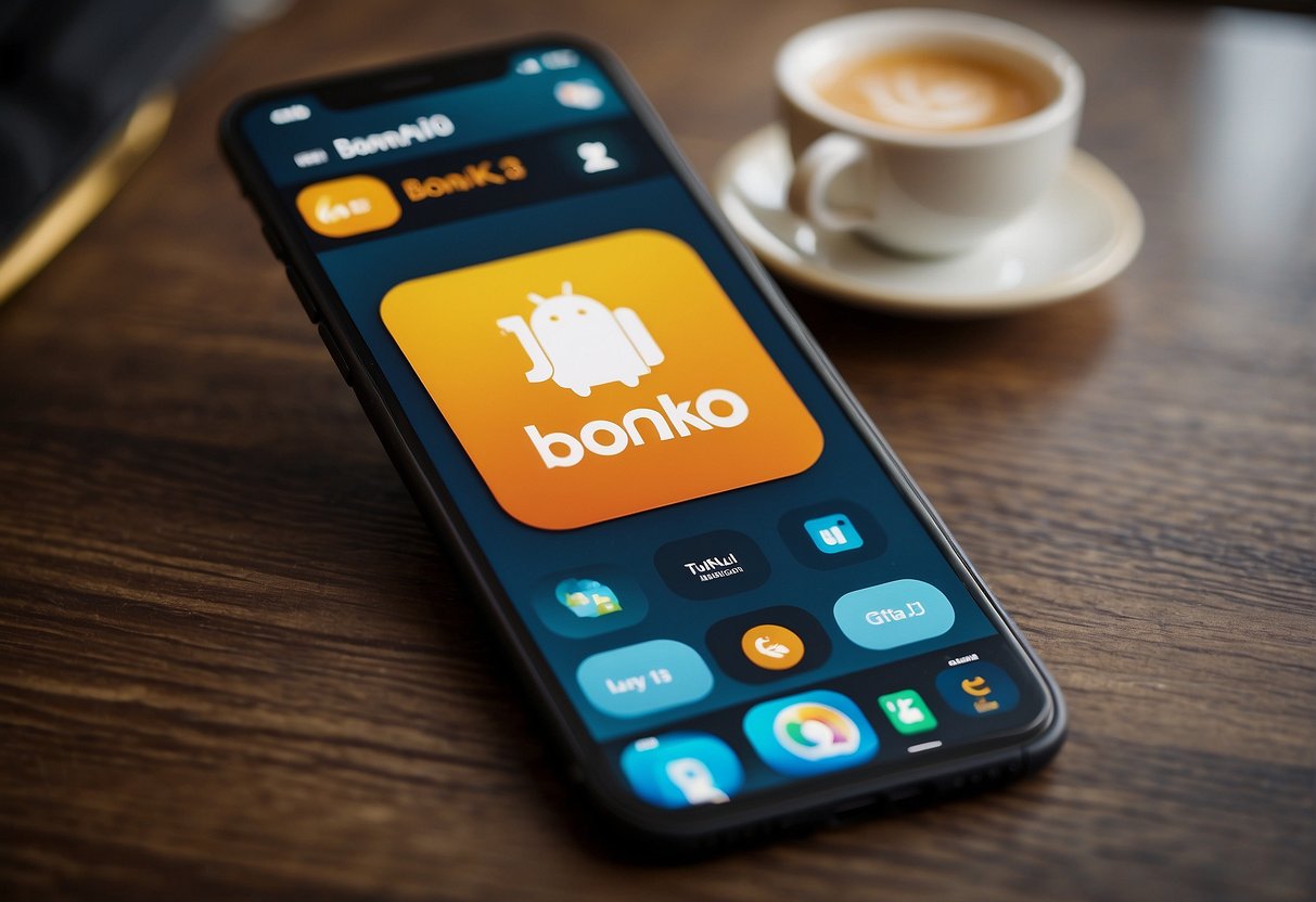 A mobile phone with the Bonk.io app open, showing the homepage with the game logo and options to start playing
