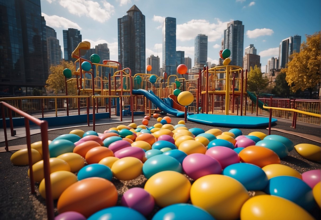 Un parque infantil colorido y geométrico con pelotas que rebotan y plataformas móviles, rodeado por un paisaje urbano vibrante y futurista.