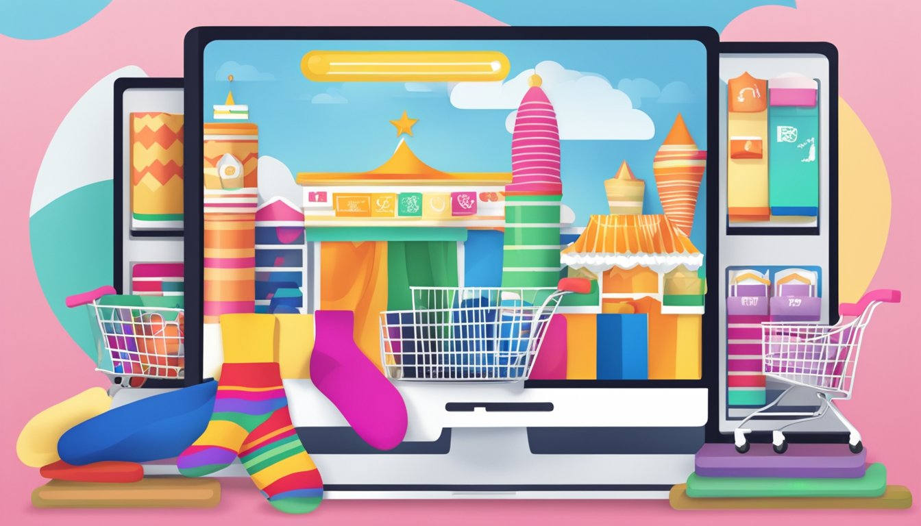 A computer screen displays an online sock store with various colorful socks, a shopping cart icon, and a Singaporean landmark in the background