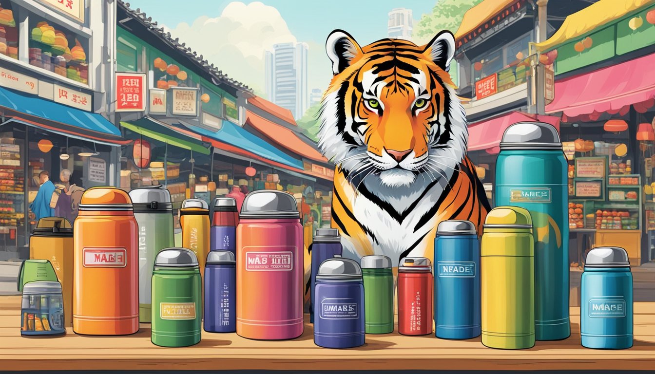 A bustling market stall displays a variety of Tiger thermos flasks in vibrant colors and sizes, with a sign proudly proclaiming "Made in Japan" in Singapore