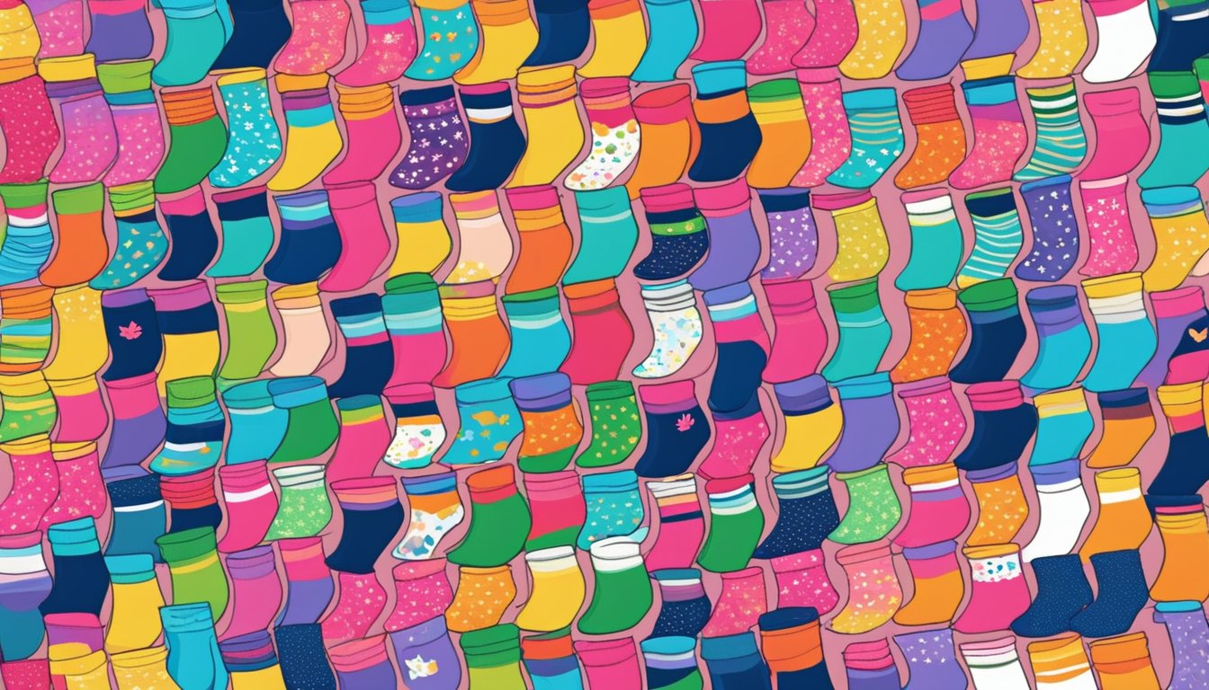 A colorful display of socks in a bustling Singapore market, with various vendors and shoppers browsing the selection