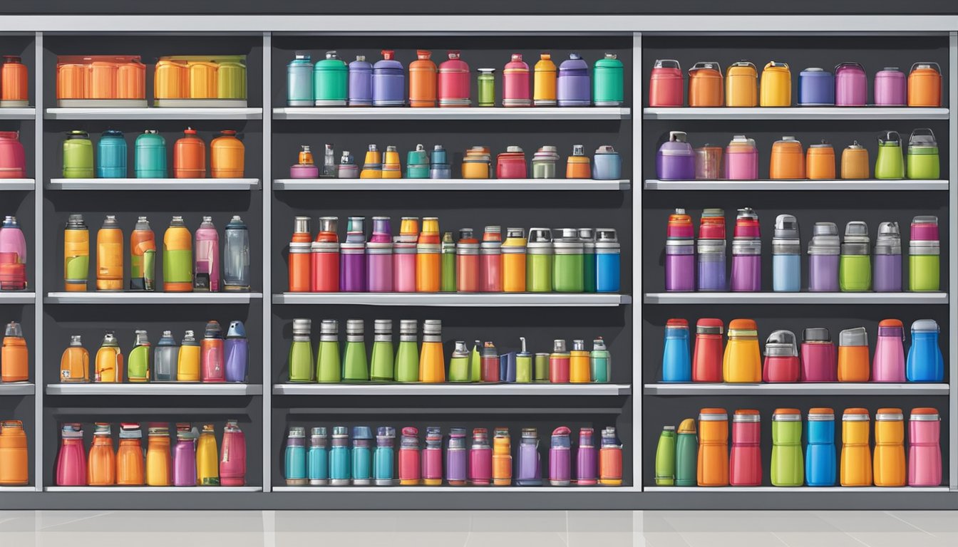 A display of Tiger thermos flasks in a well-lit store in Singapore, with various sizes and colors neatly arranged on shelves
