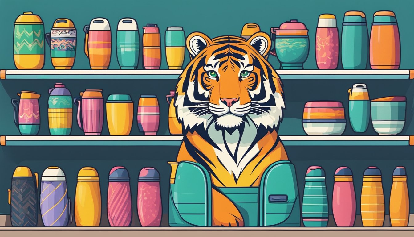 A tiger thermos flask stands out on a shelf in a modern kitchenware store in Singapore. Bright lights highlight the sleek design and vibrant colors, drawing the attention of shoppers