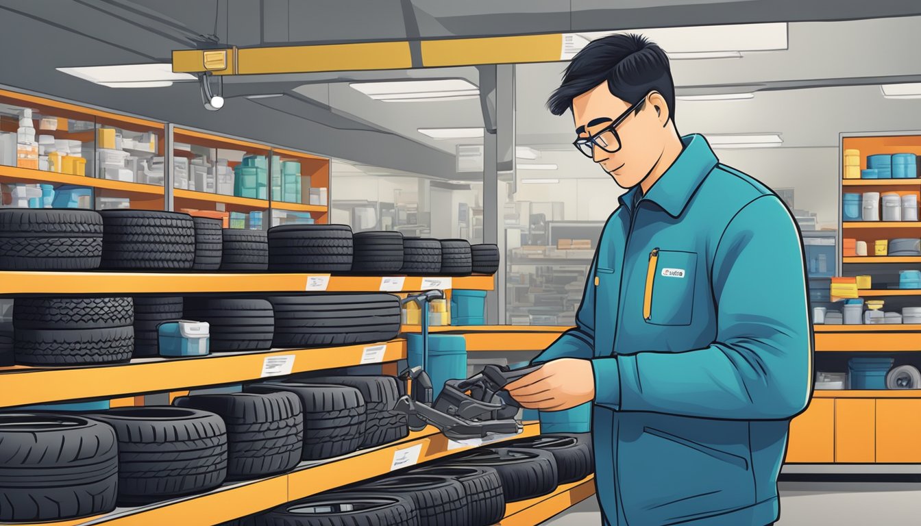 A customer browsing tire repair kits in a Singaporean auto shop