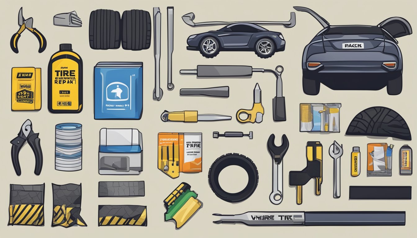 A table displaying tire repair kit components, with a variety of patches, glue, and tools. Nearby, a sign reads "Where to buy tire repair kit in Singapore."
