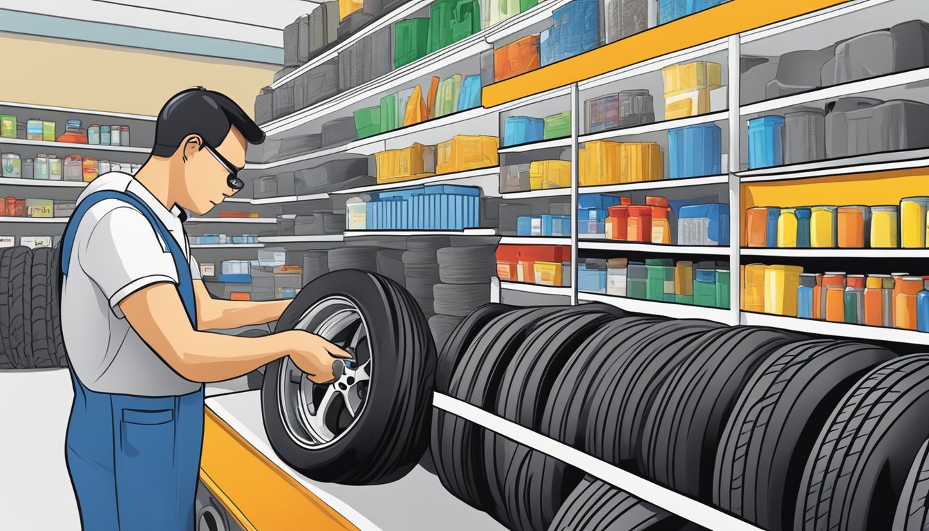 A person selects a tyre repair kit from a shelf at a store in Singapore