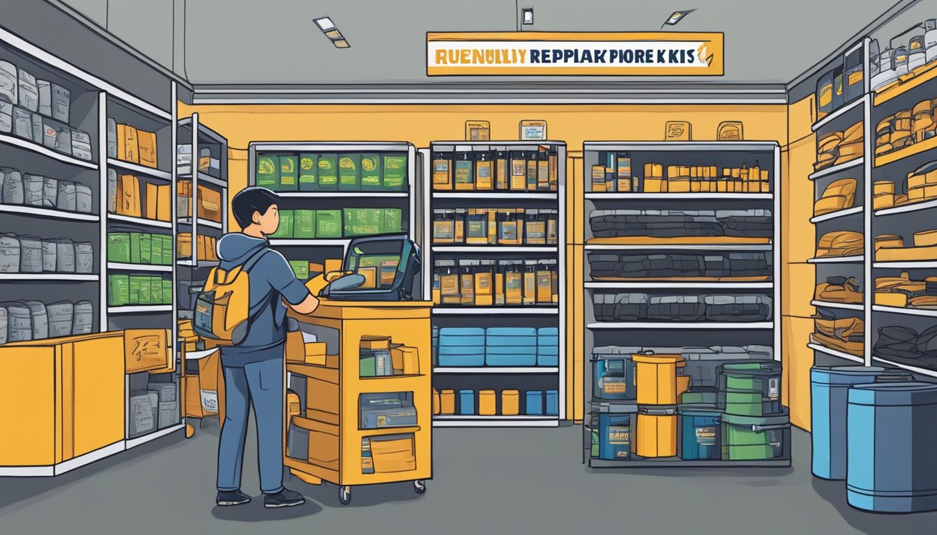 A customer browsing through shelves of tire repair kits in a Singapore store, with a sign above reading "Frequently Asked Questions: where to buy tire repair kit Singapore."