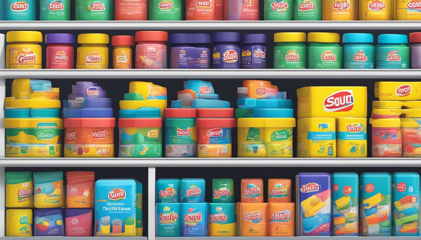 A colorful display of sugru packs on a shelf in a Singaporean hardware store