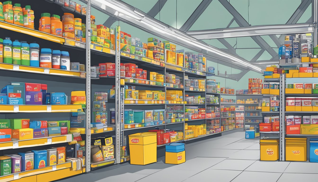 A bustling hardware store in Singapore displays shelves stocked with colorful packages of Sugru, a versatile moldable glue, with a prominent sign indicating its availability for purchase