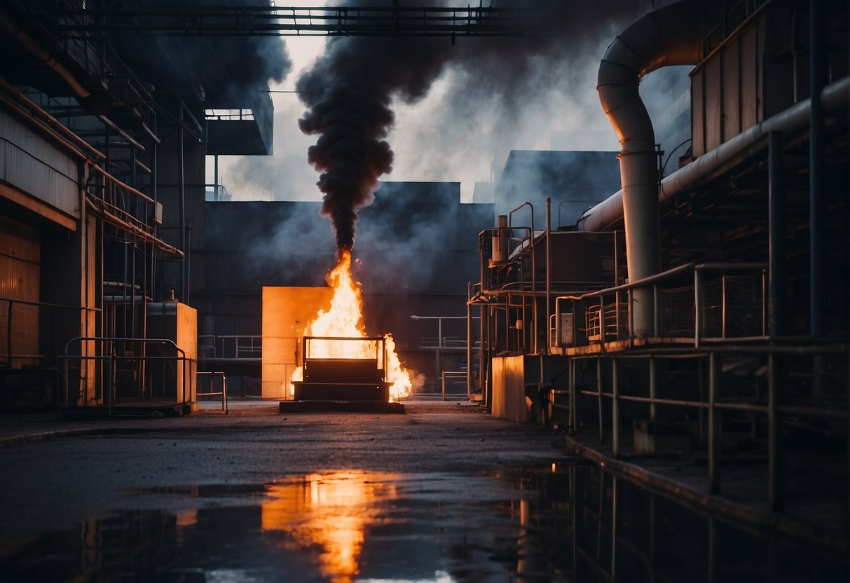 L'incinérateur SOL est en feu, émettant une chaleur intense et des flammes vives tout en éliminant efficacement les déchets. De la fumée s'échappe de la cheminée et l'incinérateur se dresse haut sur fond d'environnement industriel.
