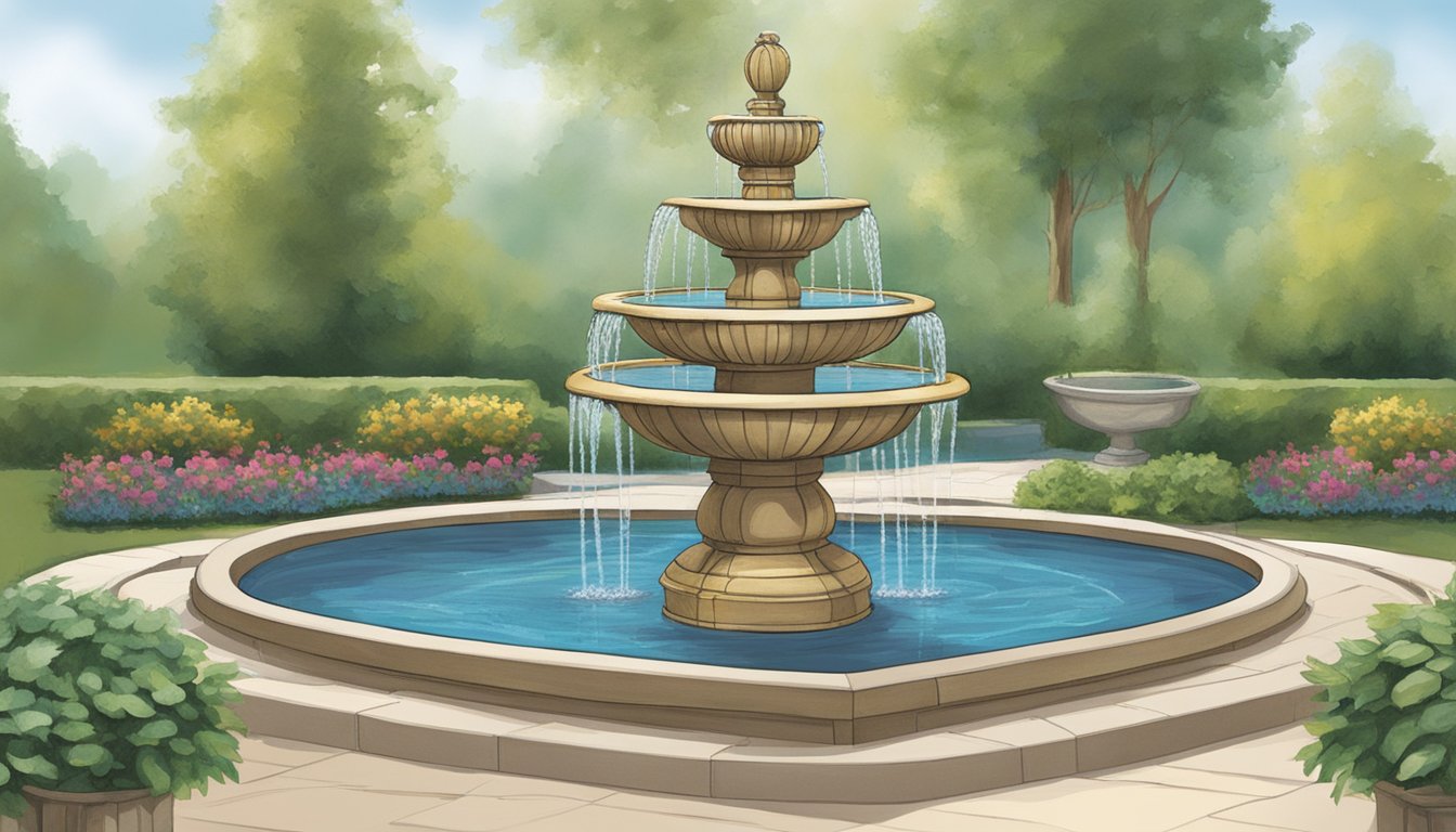 A table fountain displayed in a serene setting with a variety of options and prices. The backdrop includes a tranquil environment with soothing elements