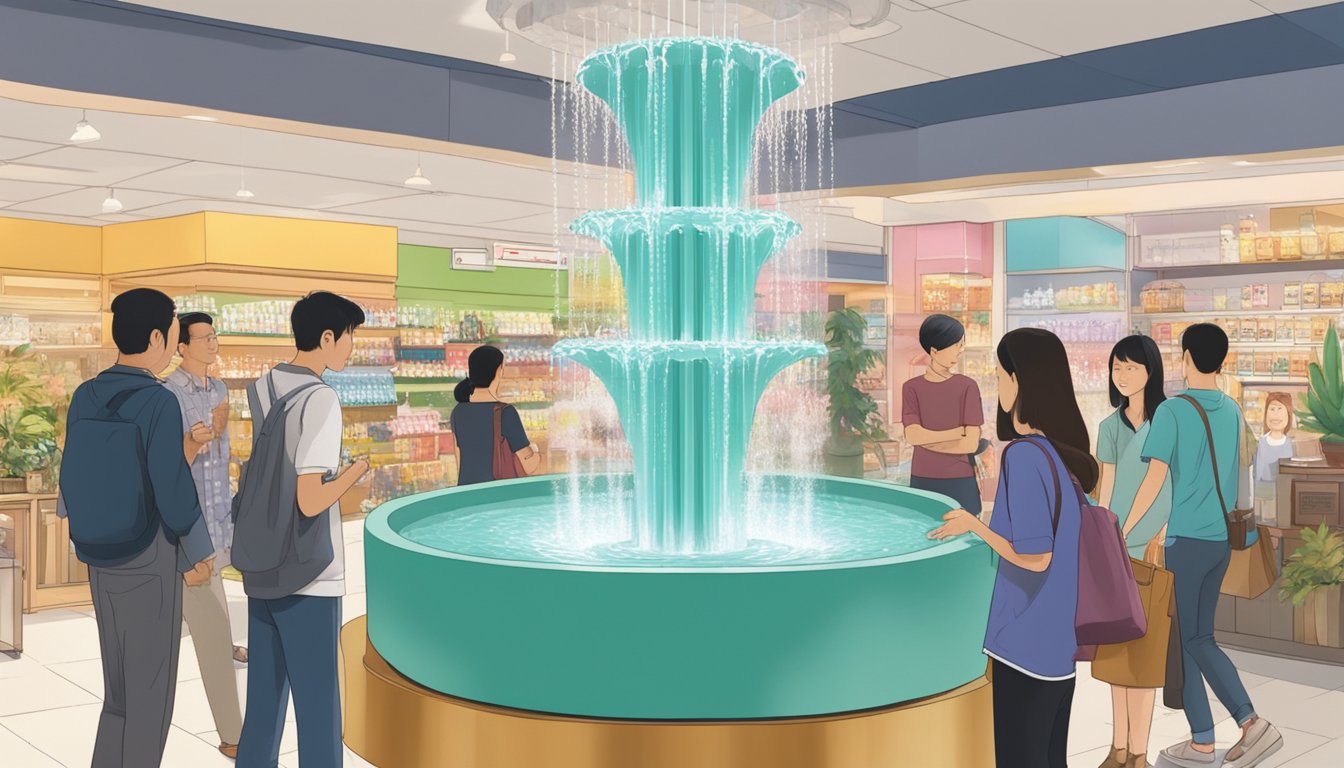 A table fountain sits on display in a Singaporean store, surrounded by curious shoppers