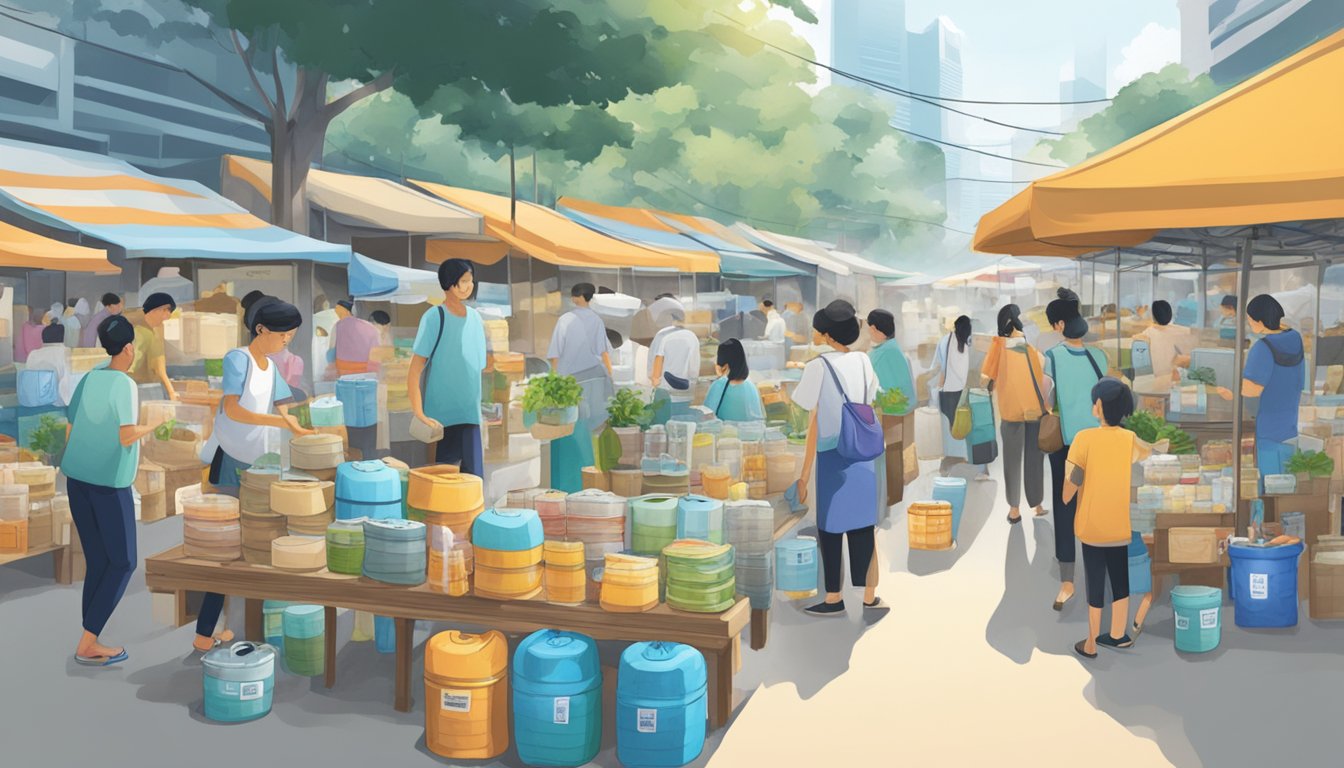 A bustling marketplace with various vendors selling water filters in Singapore