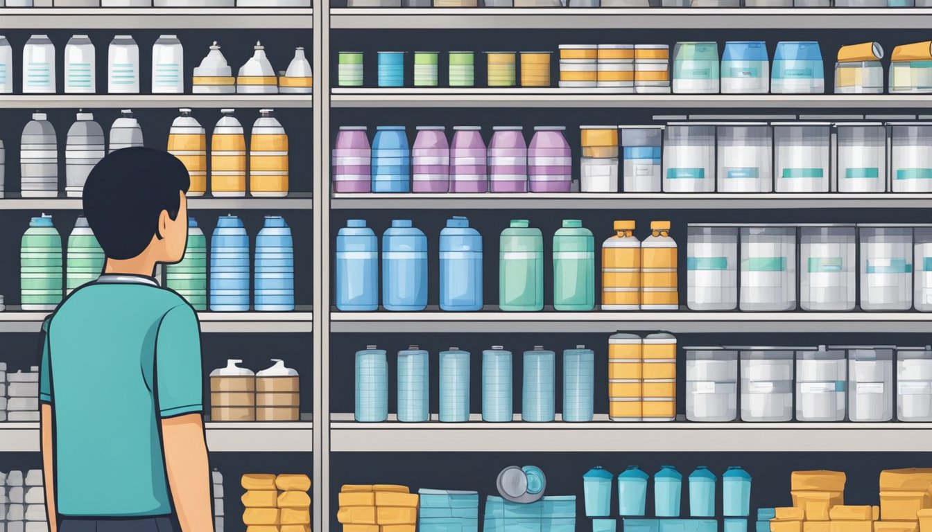 A person standing in front of shelves stacked with various water filters in a store in Singapore, carefully examining the different options available