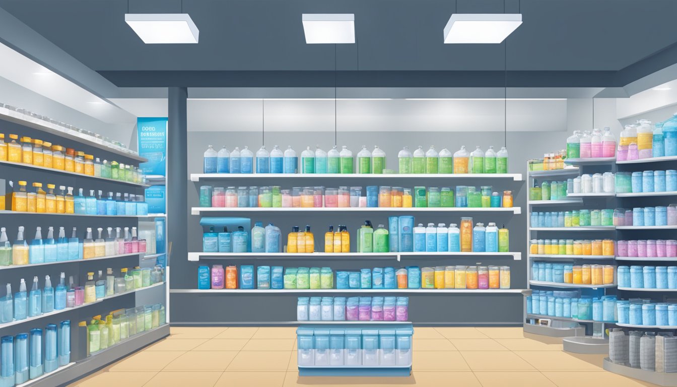 A store in Singapore displays various water filters on shelves for purchase