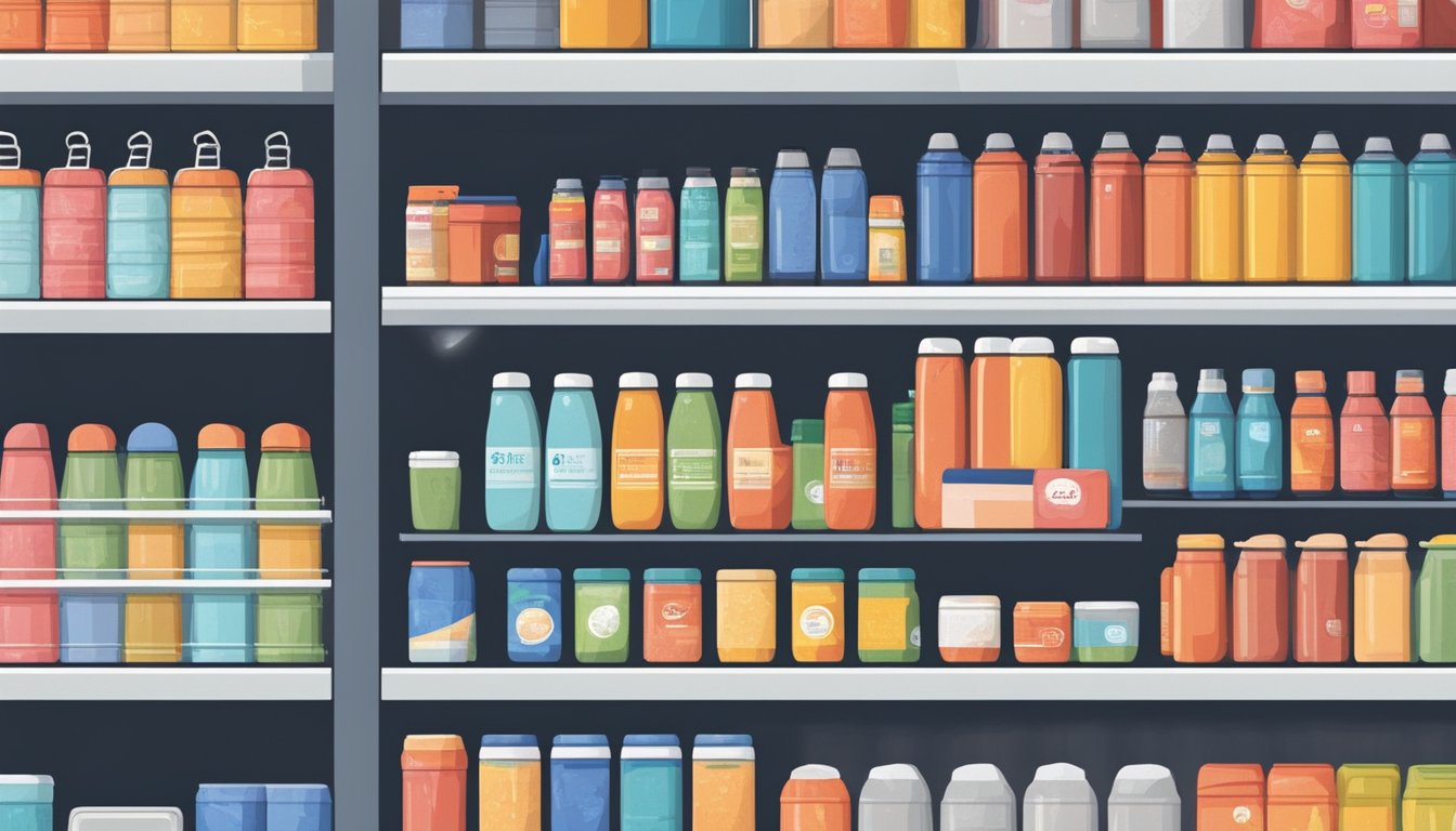 A hand reaching for a thermos on a store shelf in Singapore. Various thermos options displayed with price tags. Brightly lit and organized shelves