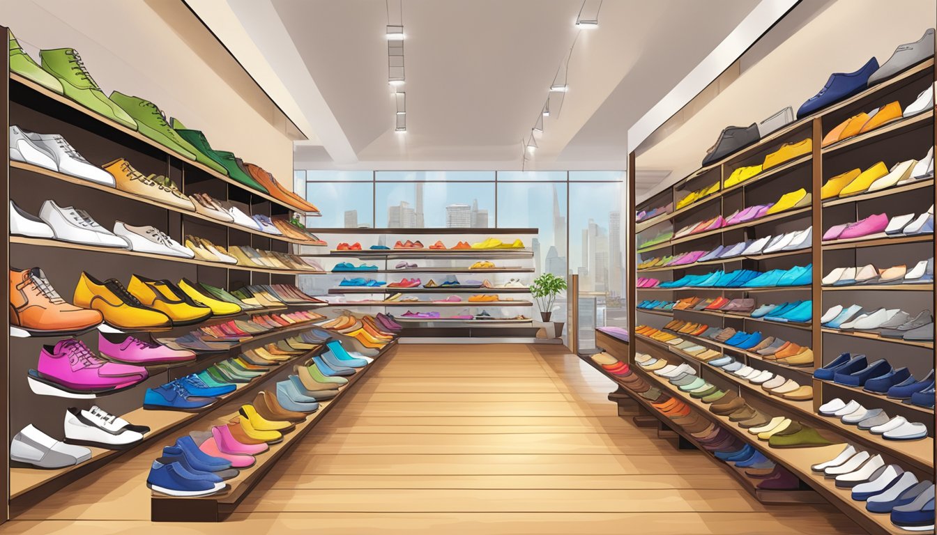 A vibrant shoe store in Singapore showcases a variety of Naot shoes on display, with colorful designs and comfortable features